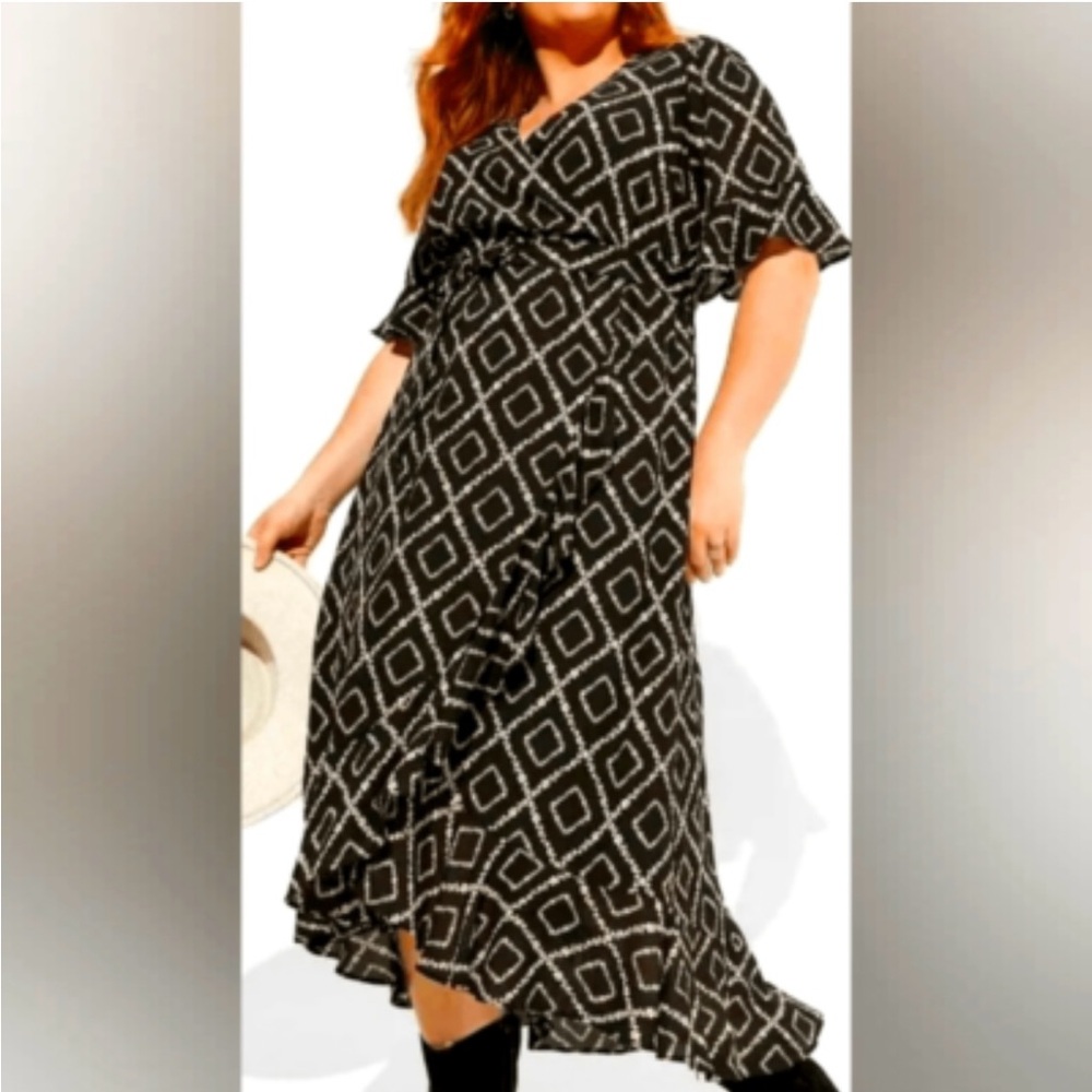 Plus Size Torrid Black and White V-Neck Flutter Sleeve Maxi Dress